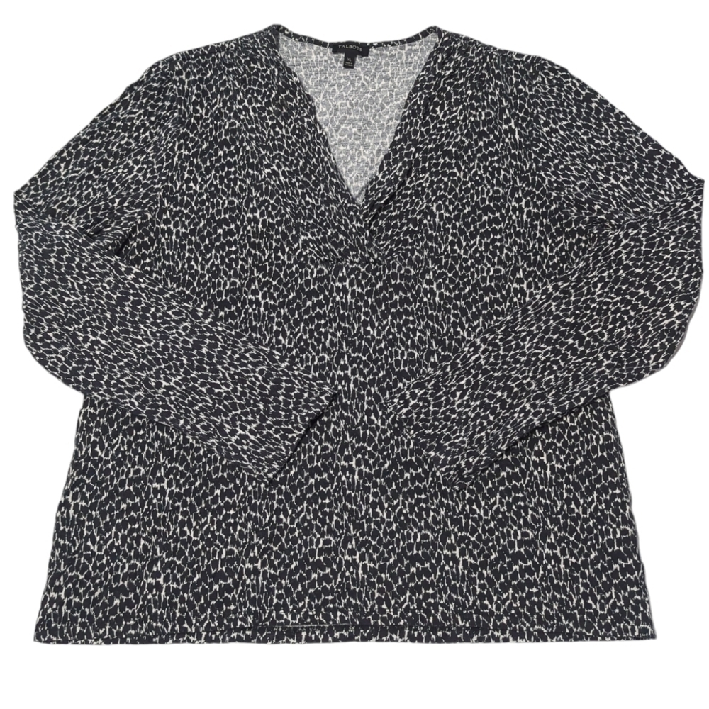Talbots Womens Shirt Top Blouse Leopard Print Black White Knotted V Neck Size XL